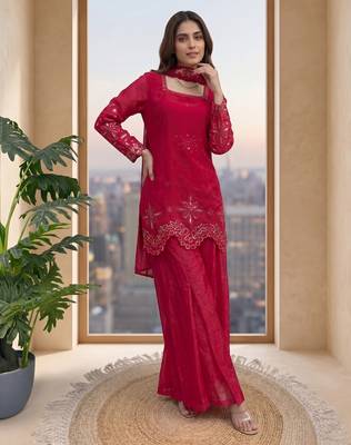 Women's ruby red embroidered palazzo suit set with dupatta 2
