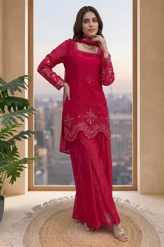 Women's ruby red embroidered palazzo suit set with dupatta