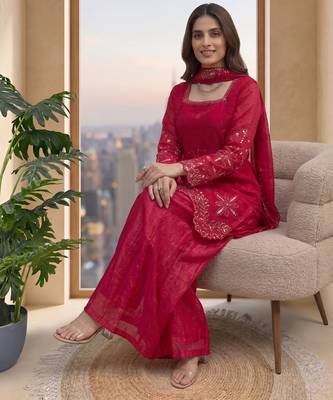 Women's ruby red embroidered palazzo suit set with dupatta 3