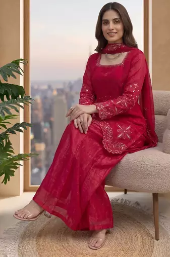 Women's ruby red embroidered palazzo suit set with dupatta