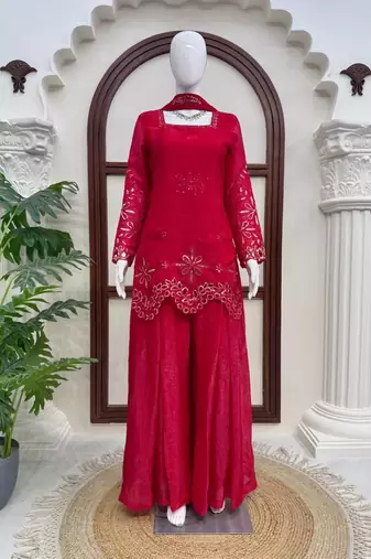 Women's ruby red embroidered palazzo suit set with dupatta