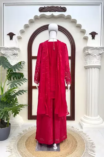 Women's ruby red embroidered palazzo suit set with dupatta