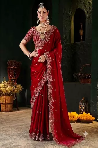 Women's satin silk saree with elegant lace border party wear designer saree