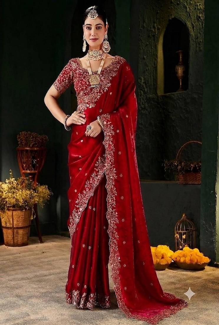 Women's satin silk saree with elegant lace border party wear designer saree