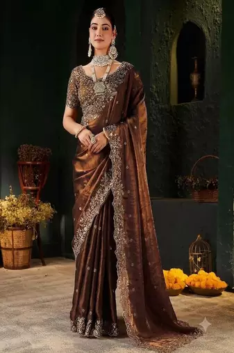 Women's satin silk saree with elegant lace border party wear designer saree