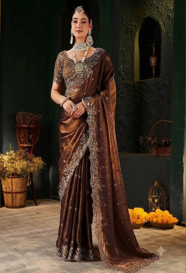 Women's satin silk saree with elegant lace border party wear designer saree