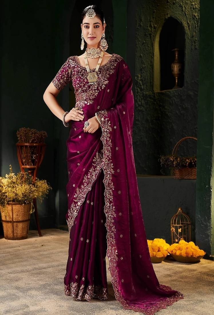 Women's satin silk saree with elegant lace border party wear designer saree