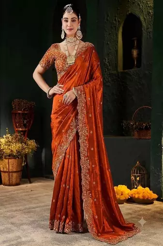 Women's satin silk saree with elegant lace border party wear designer saree