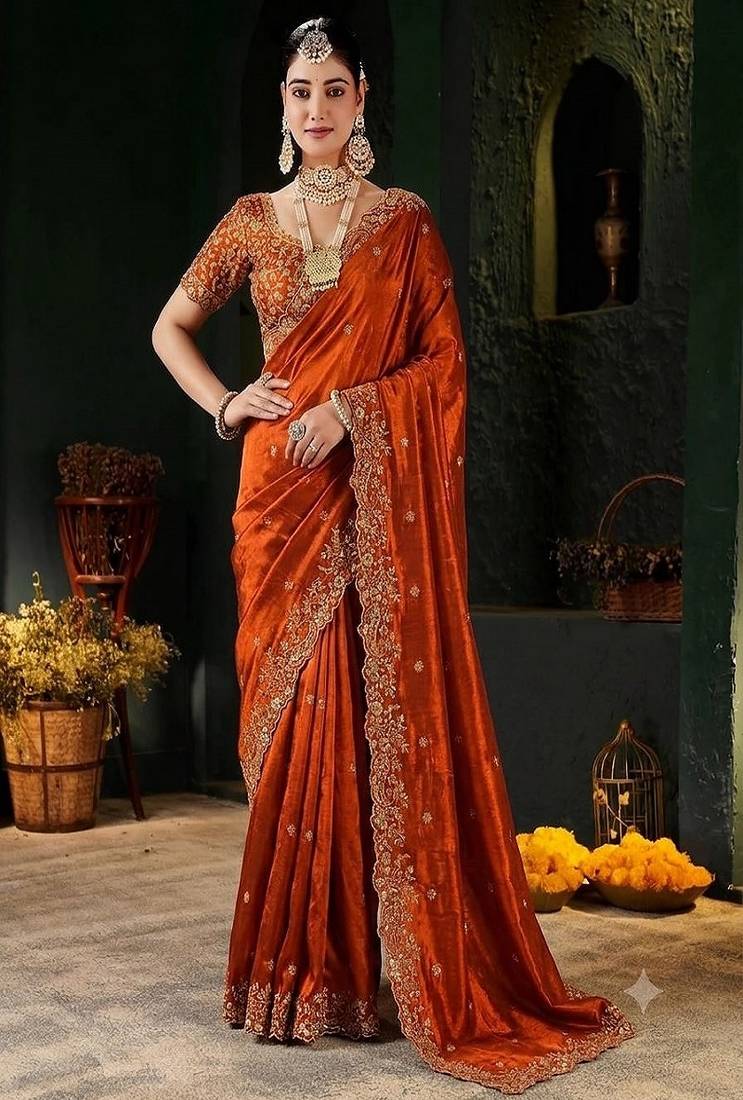 Women's satin silk saree with elegant lace border party wear designer saree