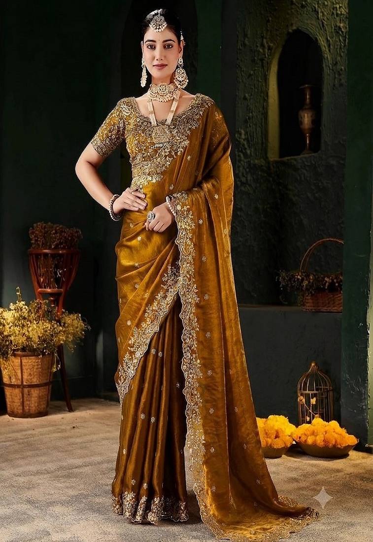 Women's satin silk saree with elegant lace border party wear designer saree