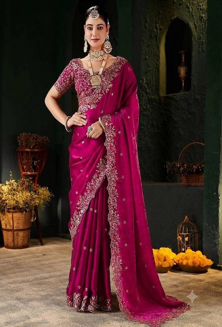 Women's satin silk saree with elegant lace border party wear designer saree