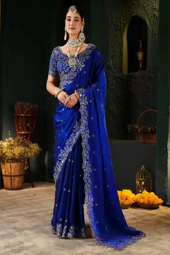Women's satin silk saree with elegant lace border party wear designer saree