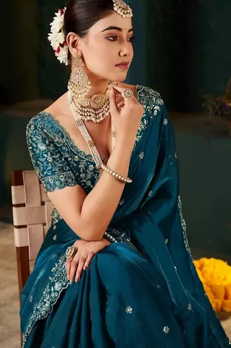 Women's satin silk saree with elegant lace border party wear designer saree