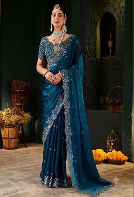 Women's satin silk saree with elegant lace border party wear designer saree 3