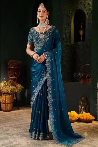 Women's satin silk saree with elegant lace border party wear designer saree