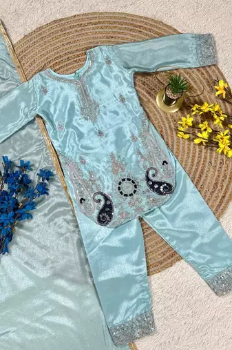 Designer pure chinon silk kurta palazzo set with embroidered work for wedding