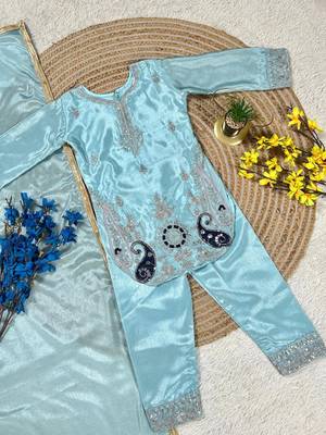Designer pure chinon silk kurta palazzo set with embroidered work for wedding 4