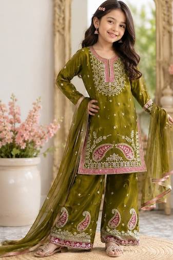 Premium mehendi fendy silk embroidery sequence top with palazzo set