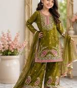 Premium mehendi fendy silk embroidery sequence top with palazzo set