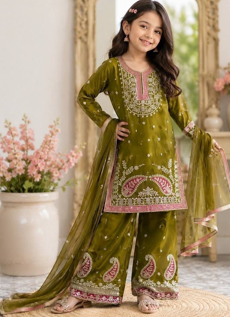Premium mehendi fendy silk embroidery sequence top with palazzo set