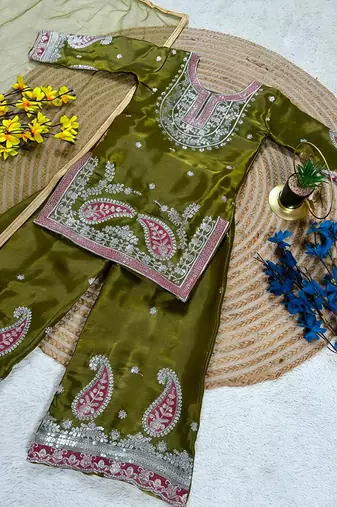 Premium mehendi fendy silk embroidery sequence top with palazzo set