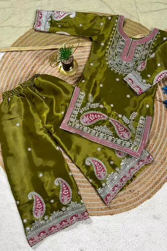 Premium mehendi fendy silk embroidery sequence top with palazzo set