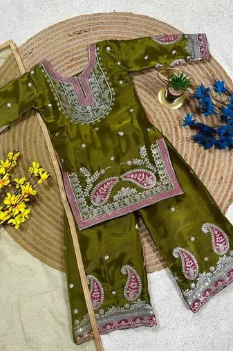 Premium mehendi fendy silk embroidery sequence top with palazzo set