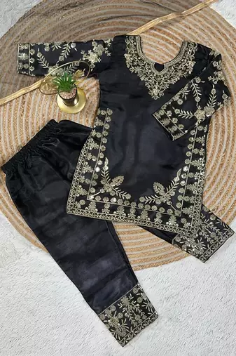 Premium black fendy silk embroidery sequence top with palazzo set