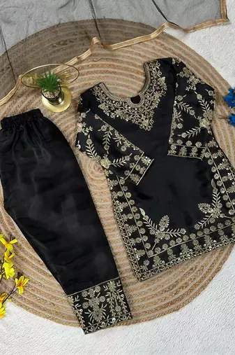 Premium black fendy silk embroidery sequence top with palazzo set