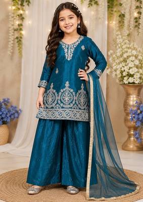 Premium teal blue fendy silk embroidery sequence top with palazzo set 1