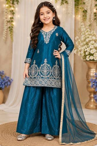 Premium teal blue fendy silk embroidery sequence top with palazzo set