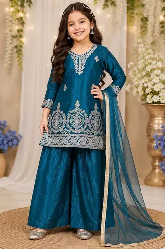 Premium teal blue fendy silk embroidery sequence top with palazzo set