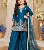Premium teal blue fendy silk embroidery sequence top with palazzo set