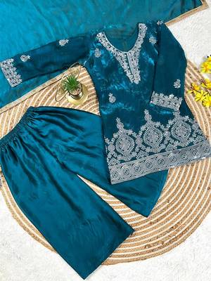 Premium teal blue fendy silk embroidery sequence top with palazzo set 2