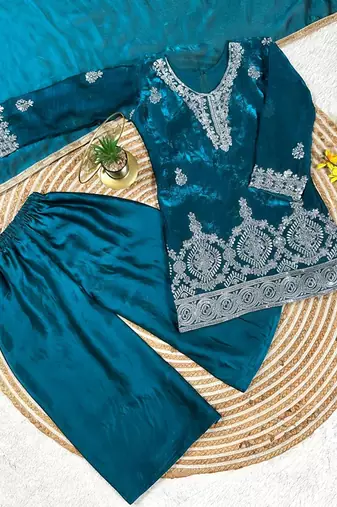 Premium teal blue fendy silk embroidery sequence top with palazzo set