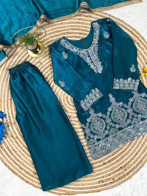 Premium teal blue fendy silk embroidery sequence top with palazzo set 3