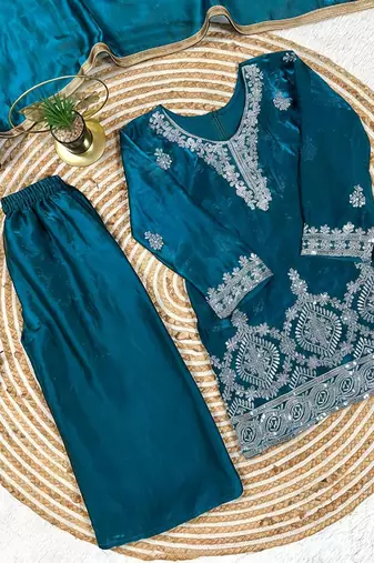 Premium teal blue fendy silk embroidery sequence top with palazzo set