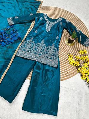 Premium teal blue fendy silk embroidery sequence top with palazzo set 4