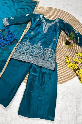 Premium teal blue fendy silk embroidery sequence top with palazzo set
