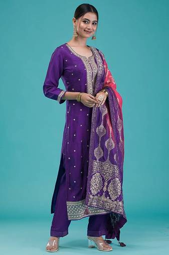 women's purple jaquard silk embroidery sequence work kurta pant with dupatta set
