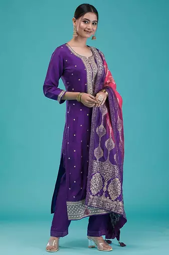 women's purple jaquard silk embroidery sequence work kurta pant with dupatta set