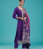 Trendmalls women's purple jaquard silk embroidery sequence work kurta pant with dupatta set