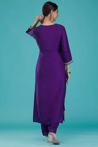 women's purple jaquard silk embroidery sequence work kurta pant with dupatta set