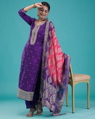 Trendmalls women's purple jaquard silk embroidery sequence work kurta pant with dupatta set 4