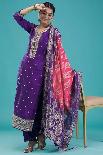 women's purple jaquard silk embroidery sequence work kurta pant with dupatta set