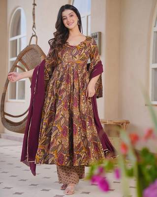 brown color printed kurta bottom with dupatta stitched 3