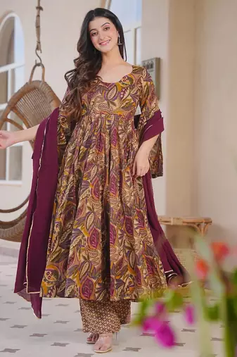 brown color printed kurta bottom with dupatta stitched