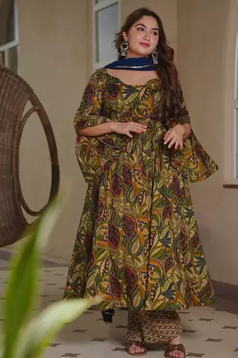 green  color printed kurta bottom with dupatta stitched