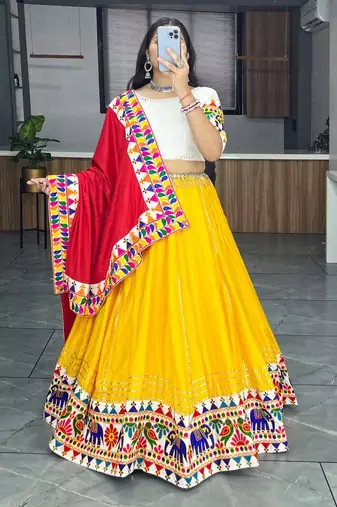 Yellow Gota patti Border Navratri Lehenga Choli Blouse & Dupatta-  Full stitched free size