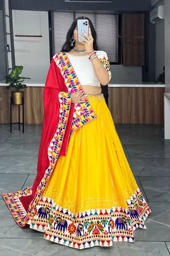 Yellow Gota patti Border Navratri Lehenga Choli Blouse & Dupatta-  Full stitched free size